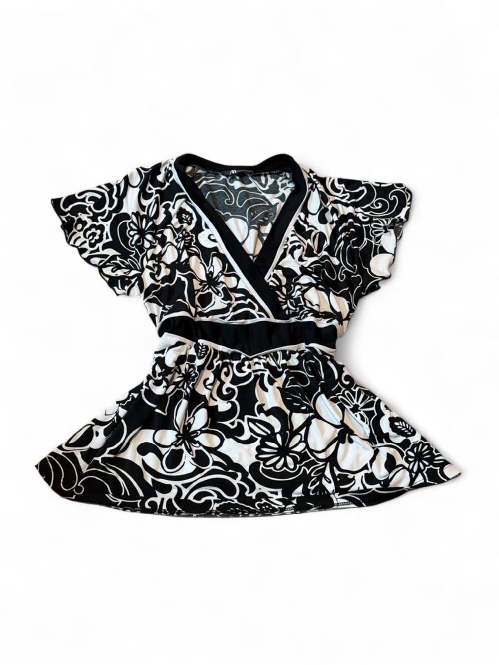 AB Studio Black White Floral Empire Waist Babydoll Top Large Boho Y2K - Picture 2 of 9